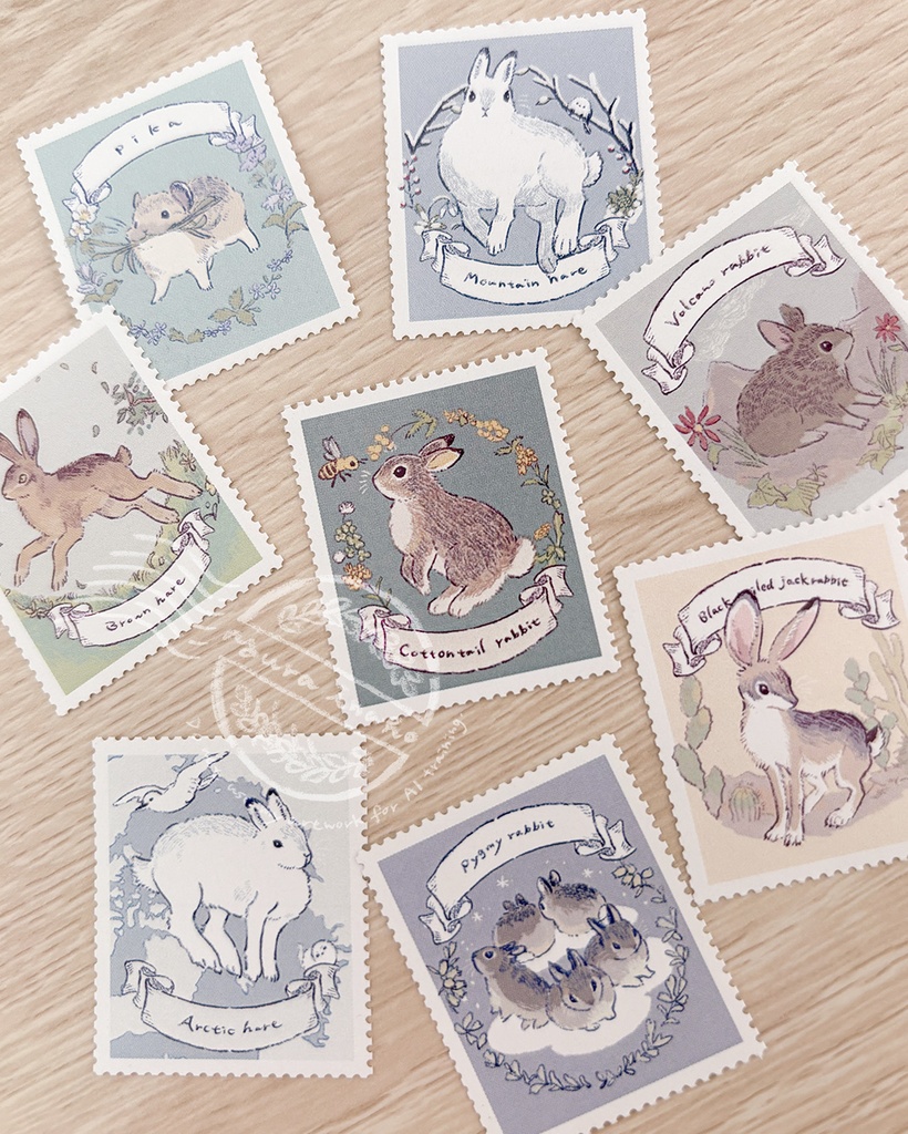 世界の野生のウサギ 切手風シール