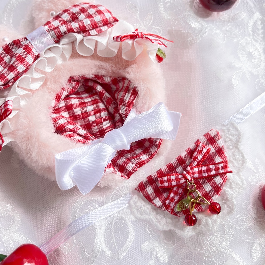 10cmぬいぐるみ用*さくらんぼチャーム付きうさみみ頭巾【推し活・ぬい撮りに】