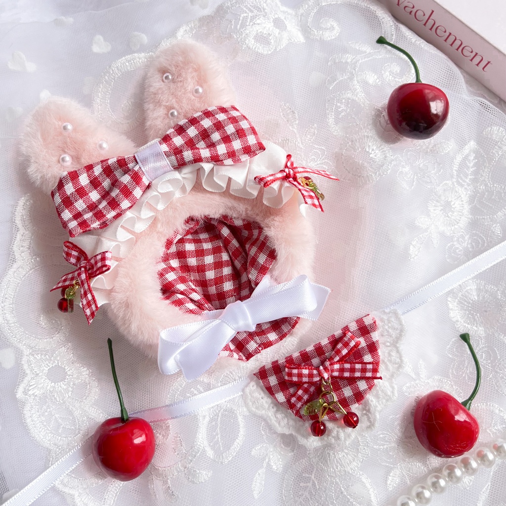 10cmぬいぐるみ用*さくらんぼチャーム付きうさみみ頭巾【推し活・ぬい撮りに】