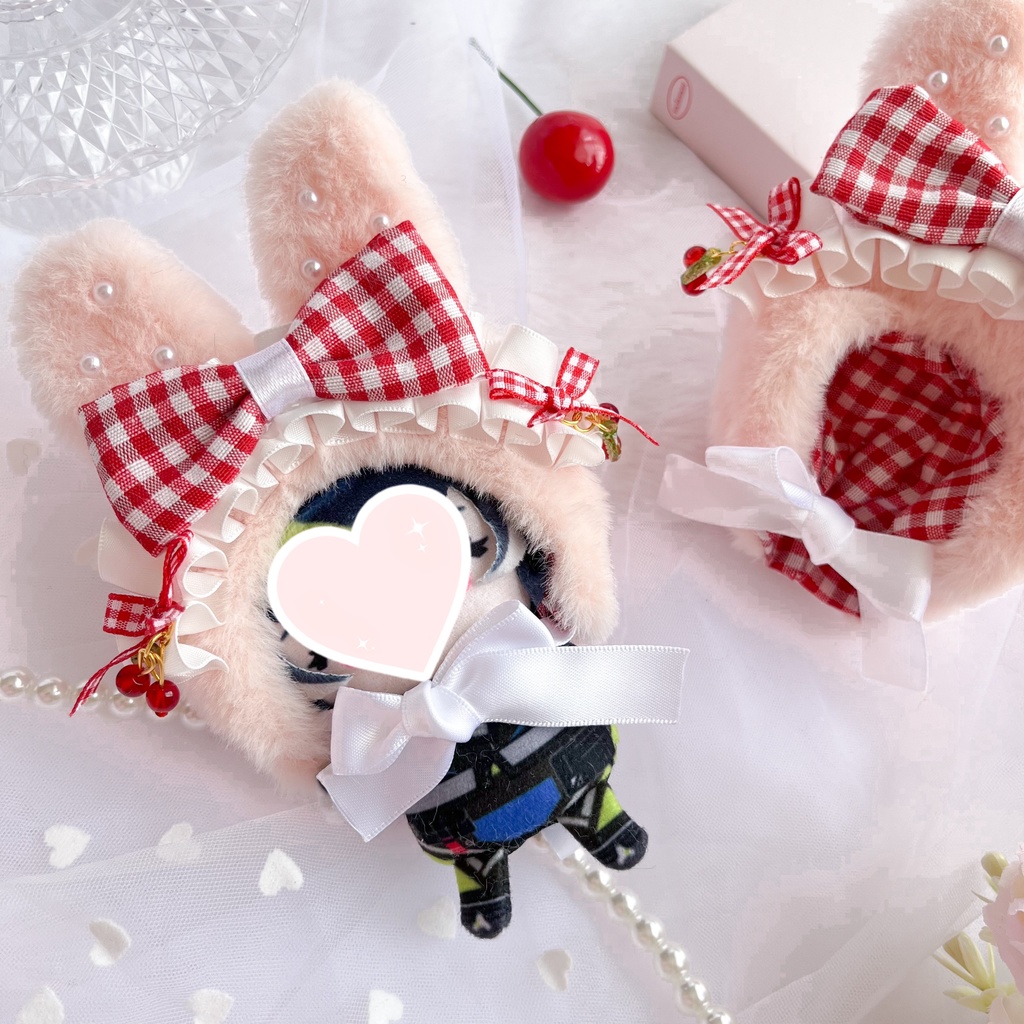 10cmぬいぐるみ用*さくらんぼチャーム付きうさみみ頭巾【推し活・ぬい撮りに】