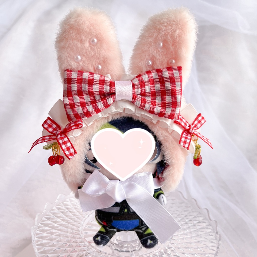 10cmぬいぐるみ用*さくらんぼチャーム付きうさみみ頭巾【推し活・ぬい撮りに】