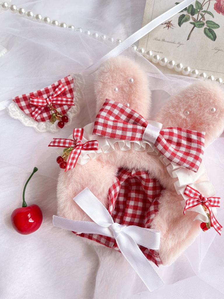 【12cm用】さくらんぼうさみみ頭巾 & さくらんぼスタイ(選べるオプション)