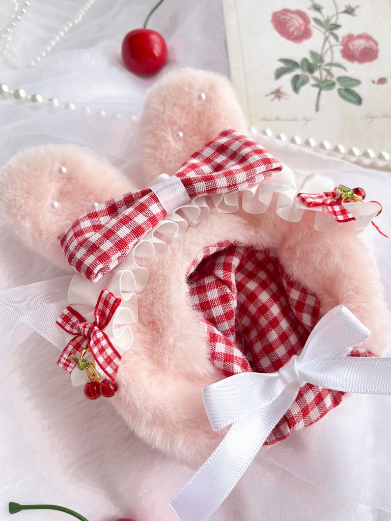 【12cm用】さくらんぼうさみみ頭巾 & さくらんぼスタイ(選べるオプション)