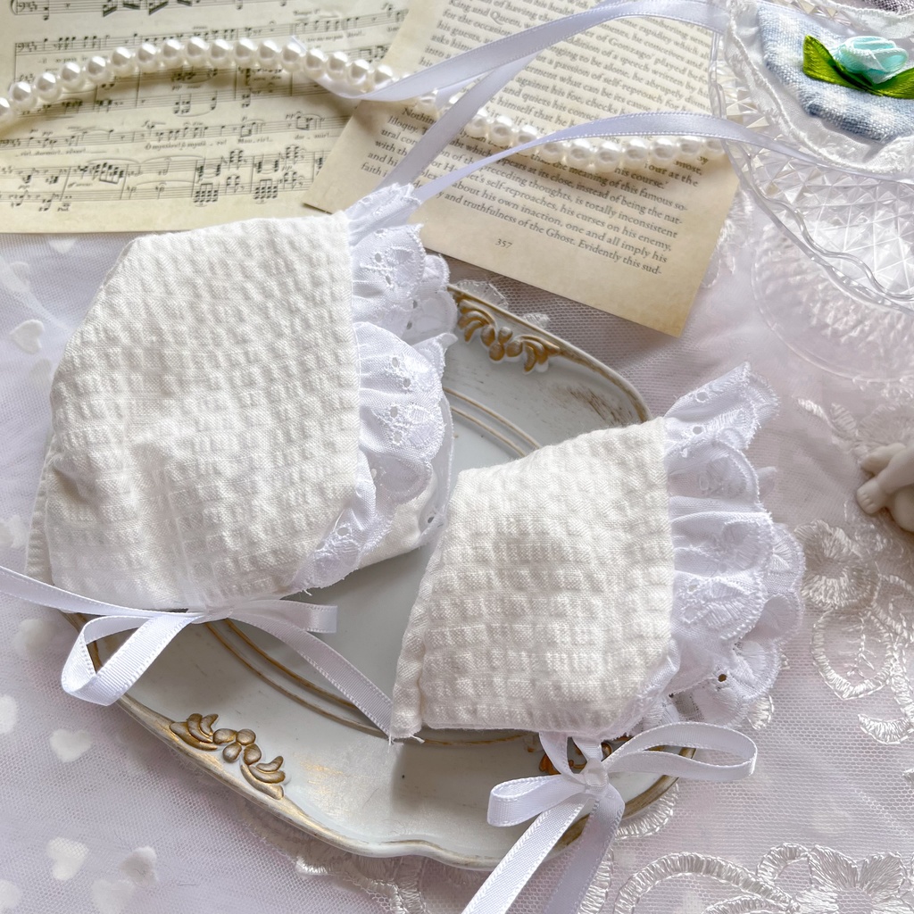 ぬいぐるみ用 ベビーボンネット&スタイセット|バレエコア風 白フリル 10cm・12cmサイズ