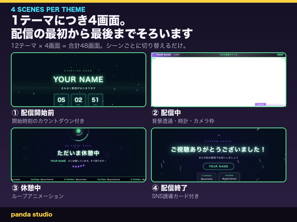 【動く配信画面】アニメーションオーバーレイ 全16テーマ64画面(ネオン/桜/ミニマル/かわいい/森/海/深夜/金/深紅/モノクロ/夕焼け/オーロラ/北欧/抹茶/ペーパー/ターミナル)|OBS・商用可