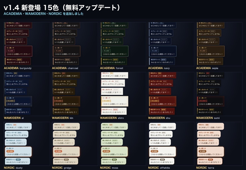 【わんコメ】動くコメント欄テーマ 全46色(ネオン/サイバー/かわいい/桜/ミニマル/ガラス/ダークアカデミア/和モダン/北欧)|初見バッジ・スパチャ演出・メンバー色分け・OBS/YouTube・商用可