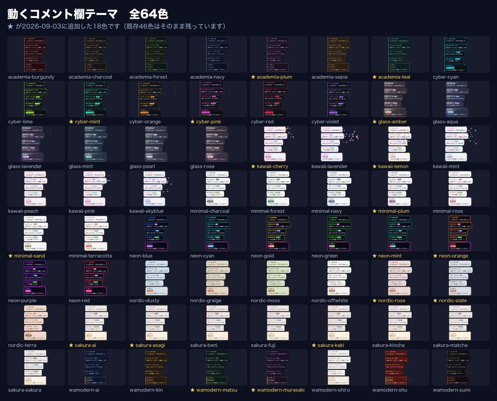 【わんコメ】動くコメント欄テーマ 全64色(ネオン/サイバー/かわいい/桜/ミニマル/ガラス/ダークアカデミア/和モダン/北欧)|初見バッジ・スパチャ演出・メンバー色分け・OBS/YouTube・商用可