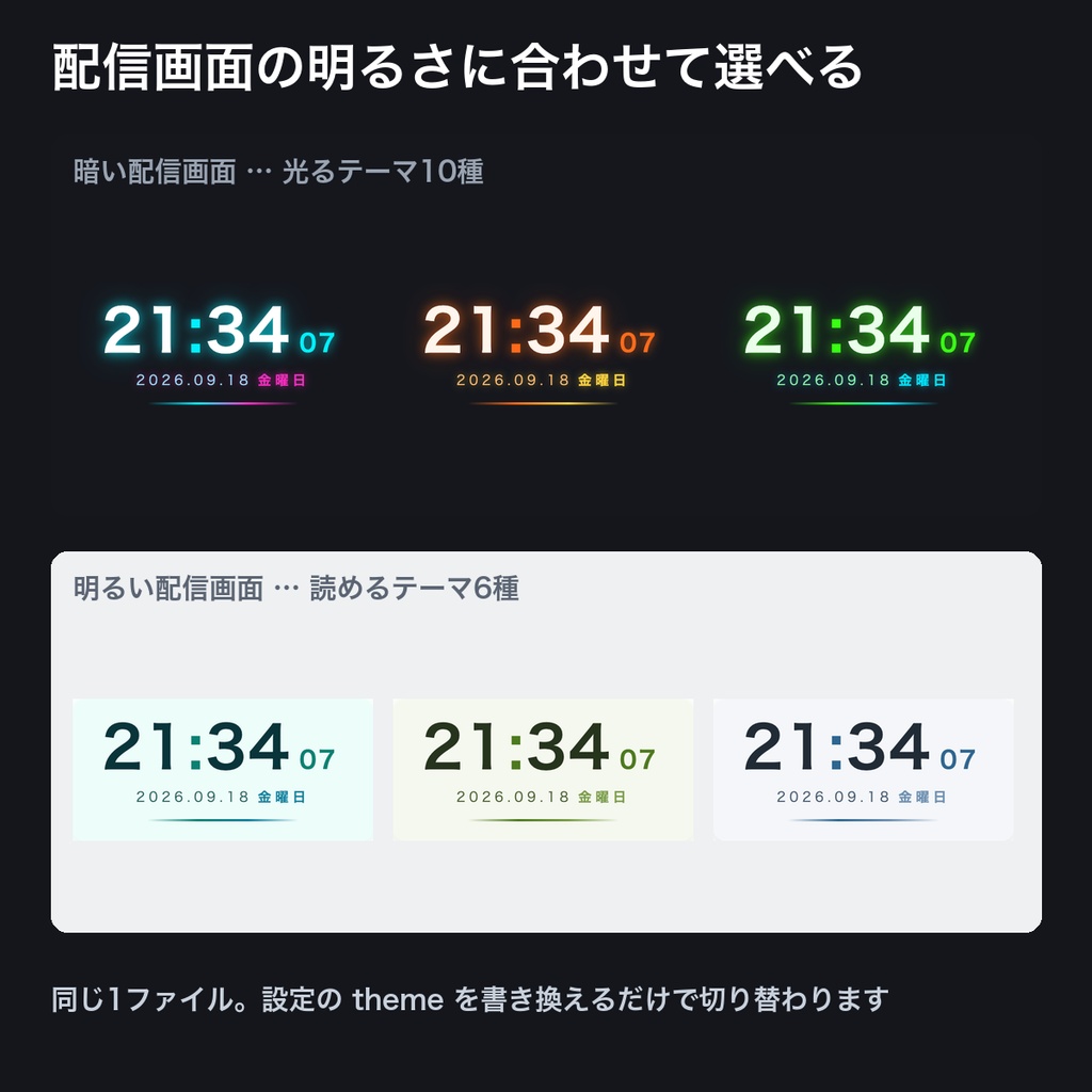 【無料】【OBSに置くだけ】動くデジタル時計 全16テーマ|秒が弾む・日付曜日つき・明るい配信画面用6テーマ・外部通信なしの1ファイル【商用可】