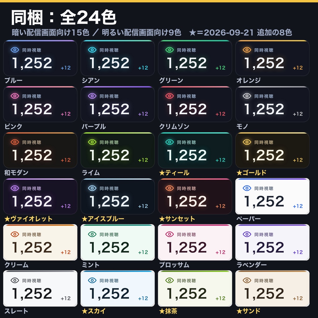 【YouTube Live】同接・高評価・登録者カウンター STREAM COUNTER 全24色|明るい配信画面用9色つき・配信オーバーレイ【OBS/わんコメ対応・商用可】