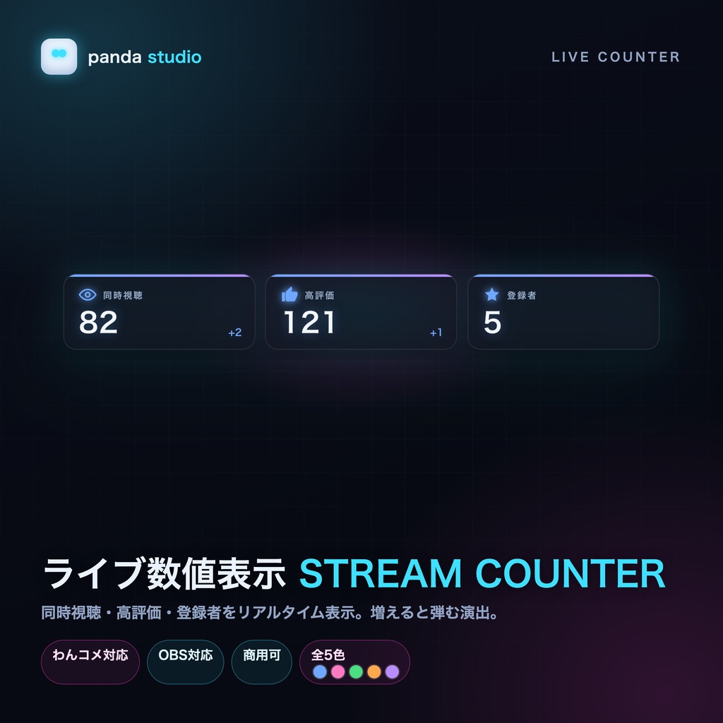 同時視聴・高評価・登録者カウンター STREAM COUNTER 全5色|YouTube Live 配信オーバーレイ【OBS/わんコメ対応・商用可】