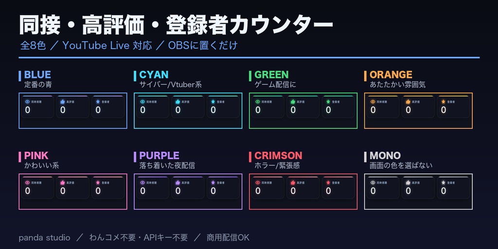 【YouTube Live】同接・高評価・登録者カウンター STREAM COUNTER 全8色｜配信オーバーレイ【OBS/わんコメ対応・商用可】