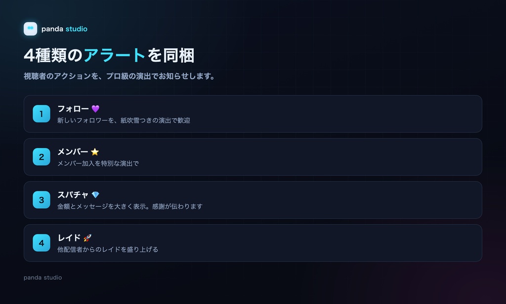 配信アラート PANDA ALERTS|フォロー・スパチャ演出+効果音・操作パネル付き・OBS・サーバー不要【商用可】