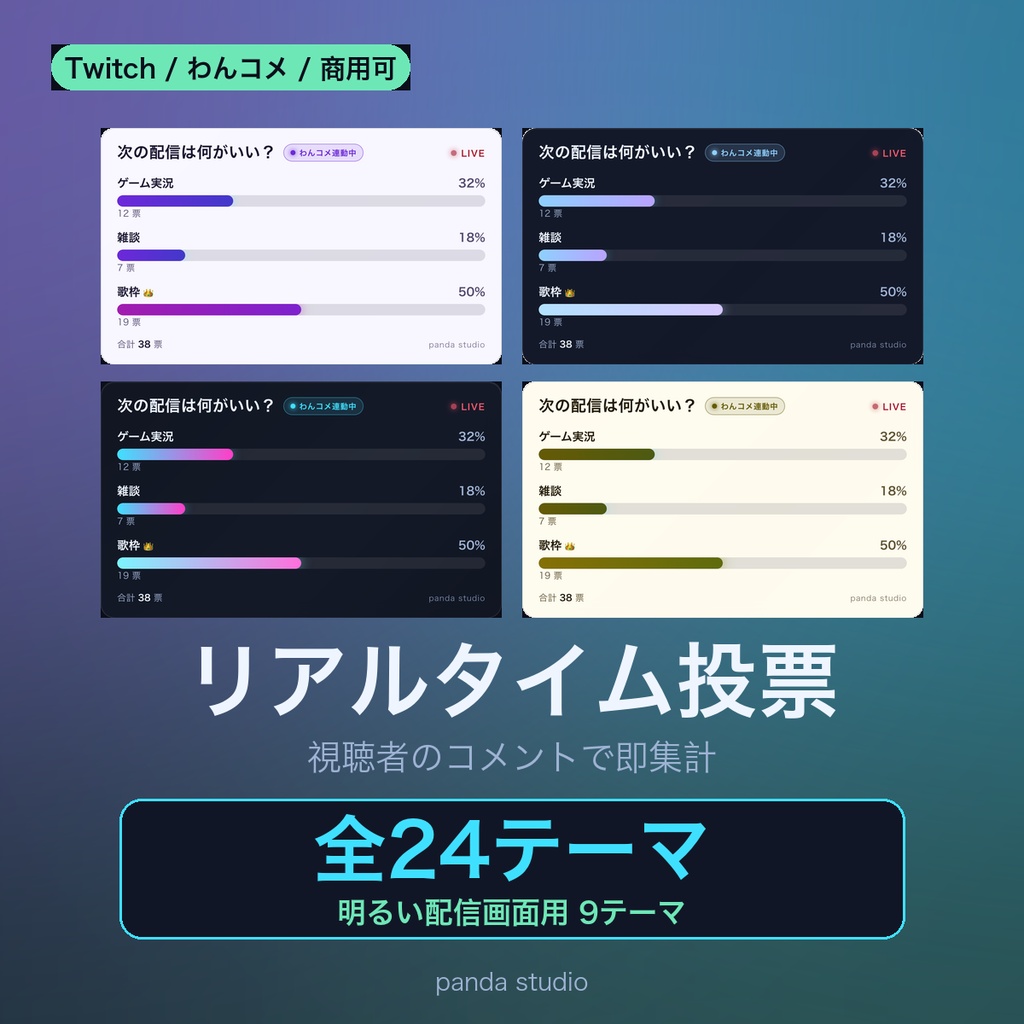 【Twitch対応】リアルタイム投票ウィジェット 全24テーマ｜明るい配信画面用9テーマ／視聴者が次の配信内容を決める【OBS/わんコメ・商用可】