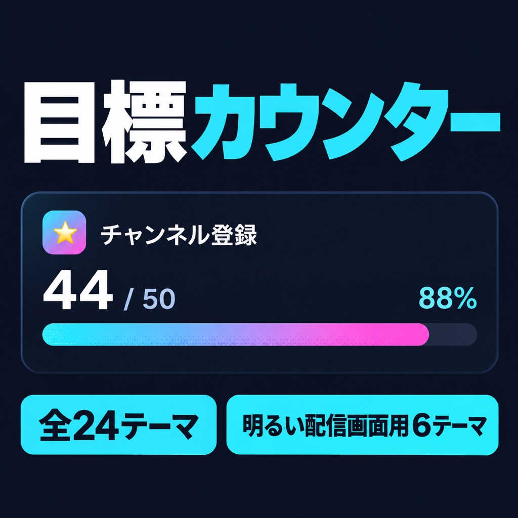 【OBSに置くだけ】目標カウンター 全24テーマ|明るい配信画面用6テーマ・登録者数や耐久企画の「あと何人」を大きく表示【商用可】
