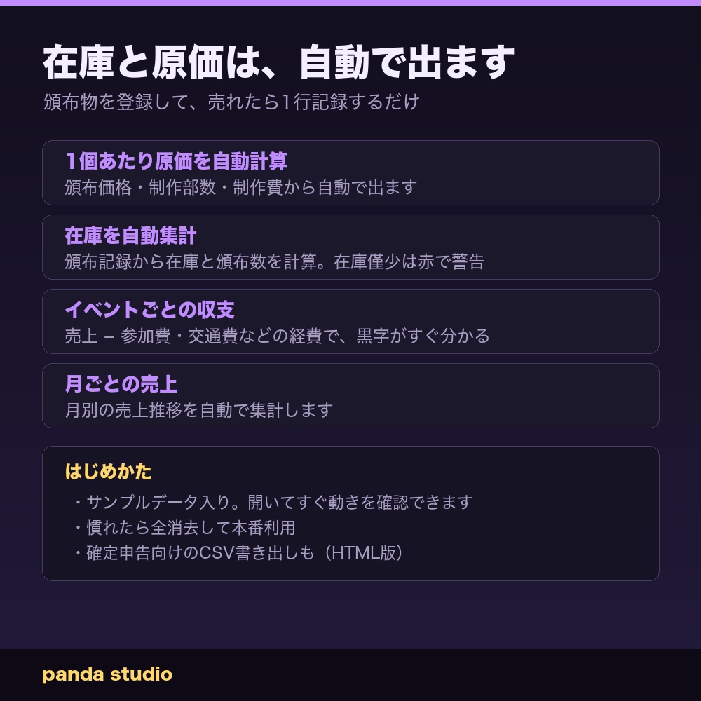 【テンプレート】同人サークルの帳簿|頒布物・在庫・売上・イベント収支をまとめて管理