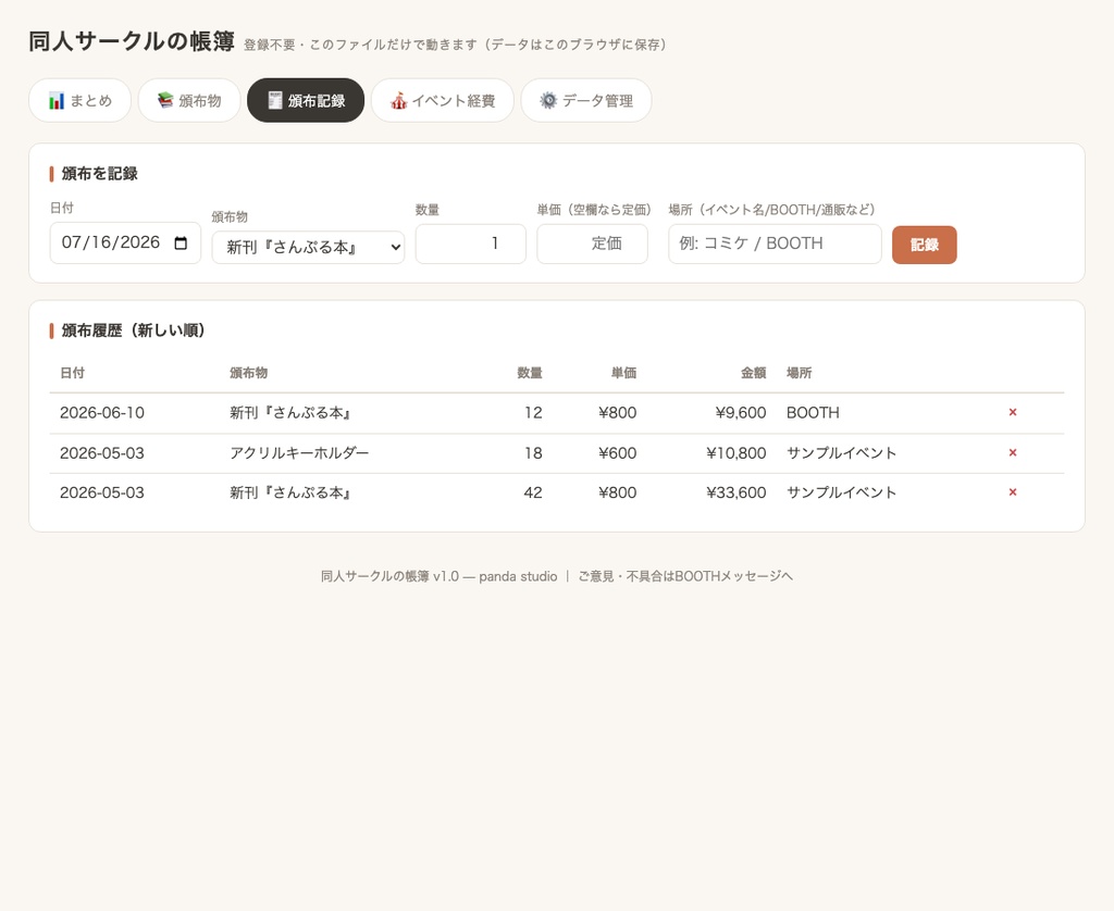 同人サークルの帳簿|頒布物・在庫・売上・イベント収支をまとめて管理【ブラウザで開くだけ+Excel/スプシ版同梱】