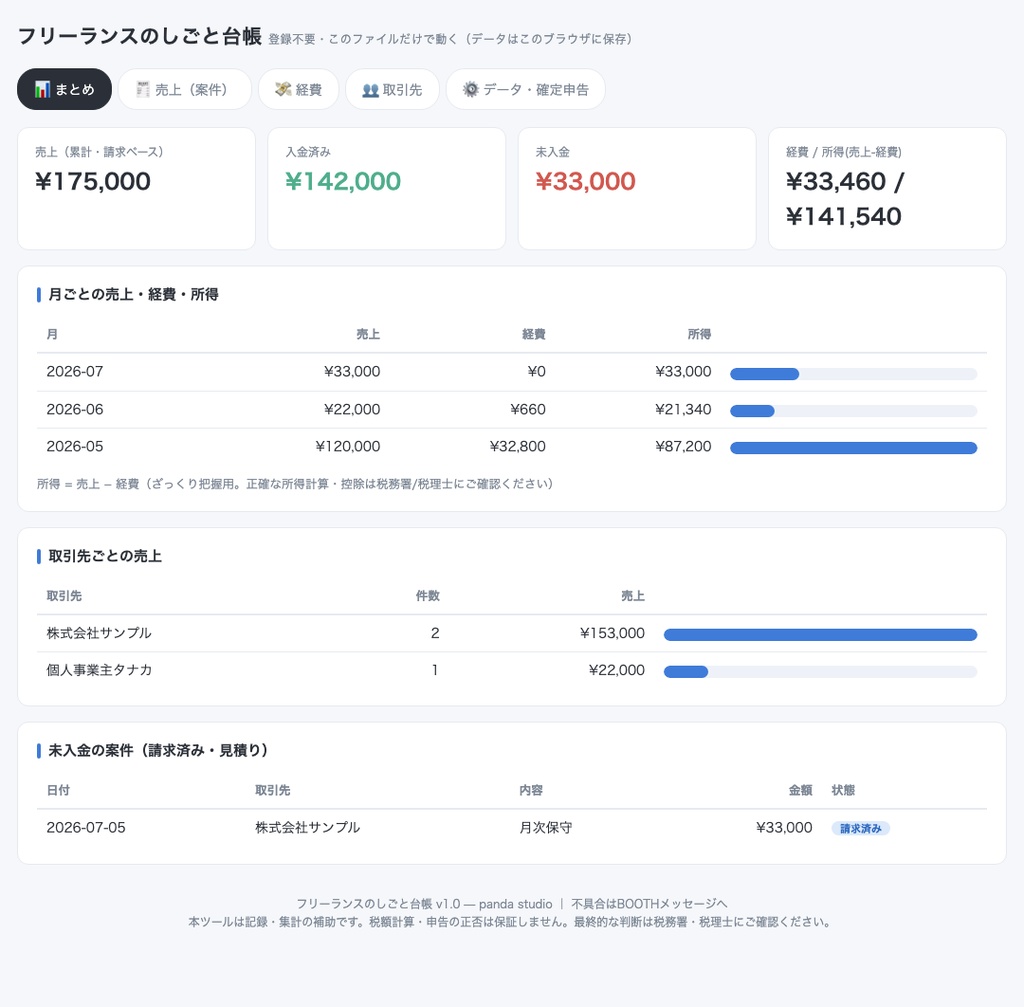 フリーランスのしごと台帳|売上・経費・入金・確定申告じゅんびを1つで管理【ブラウザ+Excel/スプシ版同梱・登録不要】