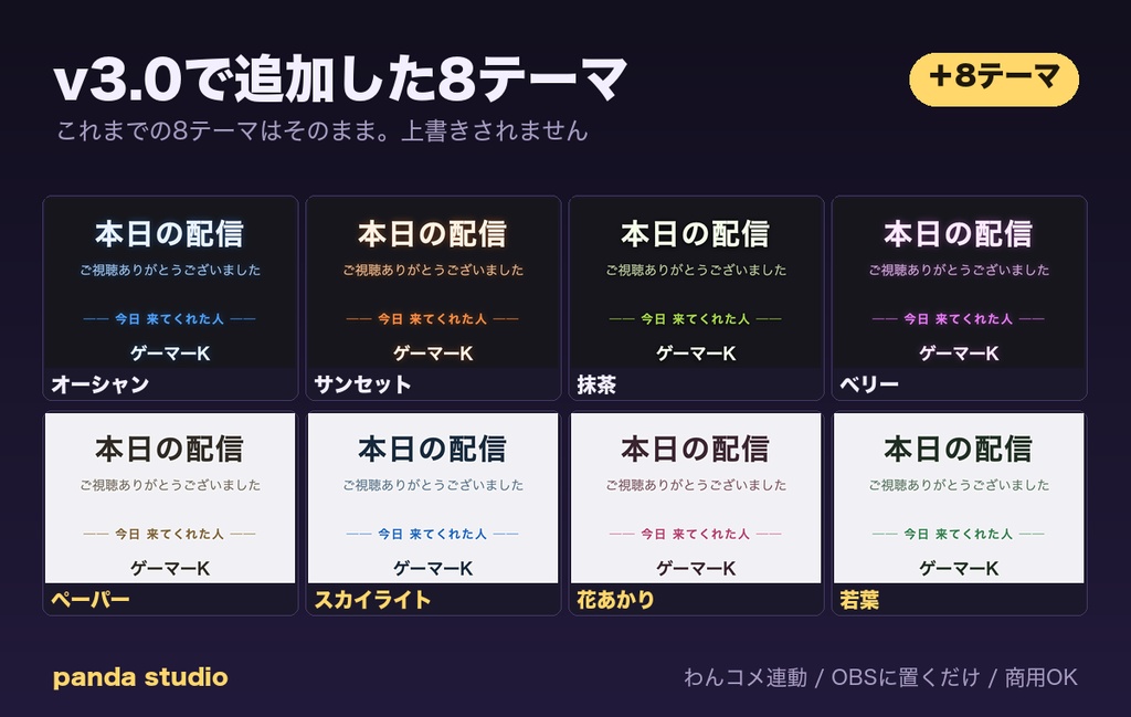 【OBSに置くだけ】配信終了 画面 エンドロール 全24テーマ|明るい配信画面用7テーマ/Twitch直結・わんコメ対応・コメントした人の名前を映画風に【商用可】