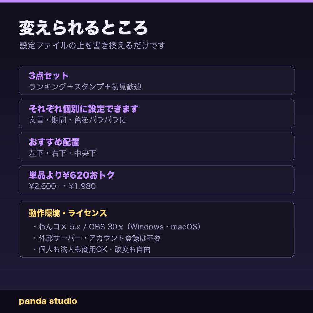 【わんコメ】常連さん応援セット 3点|ランキング+出席スタンプ+初見歓迎【OBS・商用可】