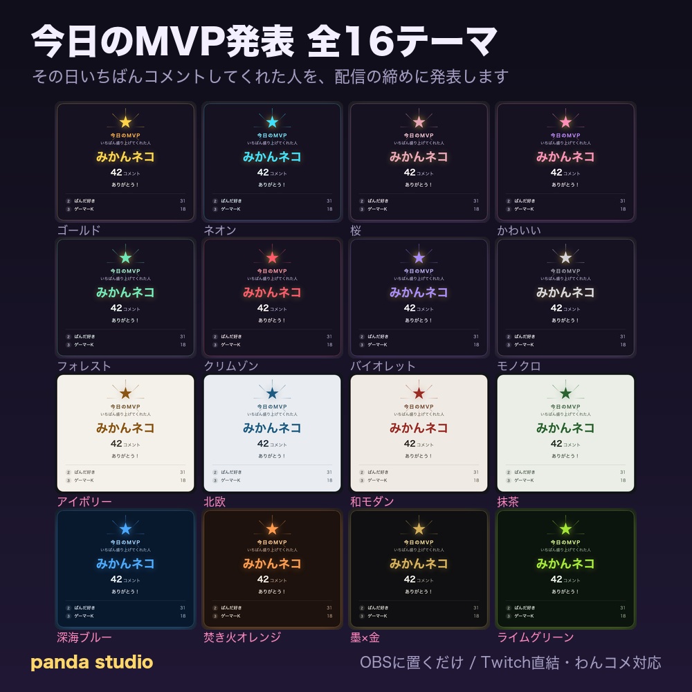 【OBSに置くだけ】今日のMVP発表 全16テーマ｜Twitch直結／わんコメ対応・その日一番コメントした人を表彰【商用可】