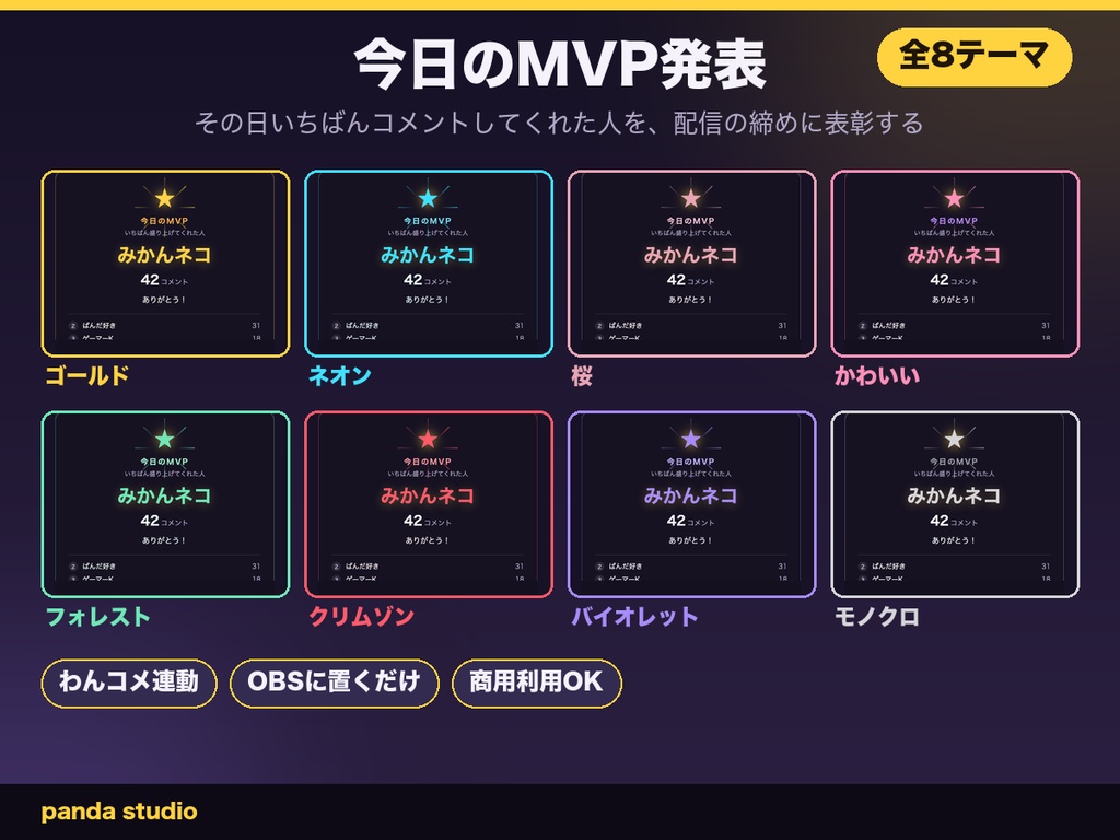 【OBSに置くだけ】今日のMVP発表 全16テーマ|Twitch直結/わんコメ対応・その日一番コメントした人を表彰【商用可】