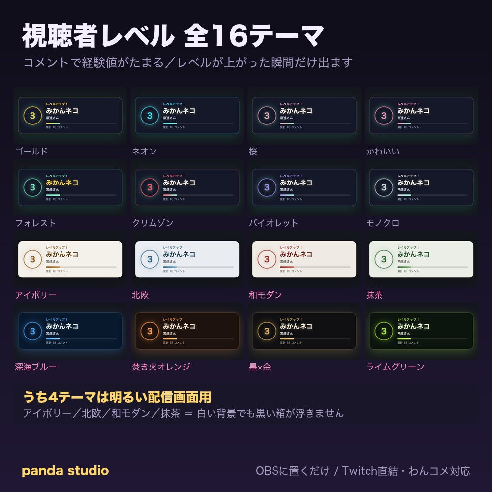 【OBSに置くだけ】視聴者レベル 全16テーマ｜Twitch直結／わんコメ対応・コメントで経験値がたまる【商用可】