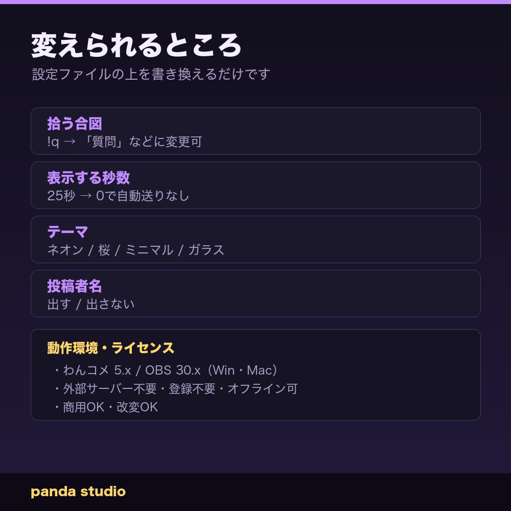 【わんコメ】質問ボード|視聴者の「!q」を1件ずつ画面に大きく出す【OBS・コメント欄・商用可】