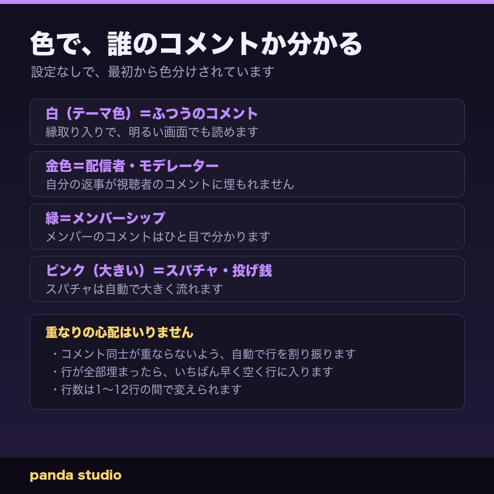 【Twitch対応】流れるコメント 全16テーマ|画面の上を右から左へ・明るい配信画面用5テーマ・コメント欄の場所が要らない【OBS/わんコメ・商用可】
