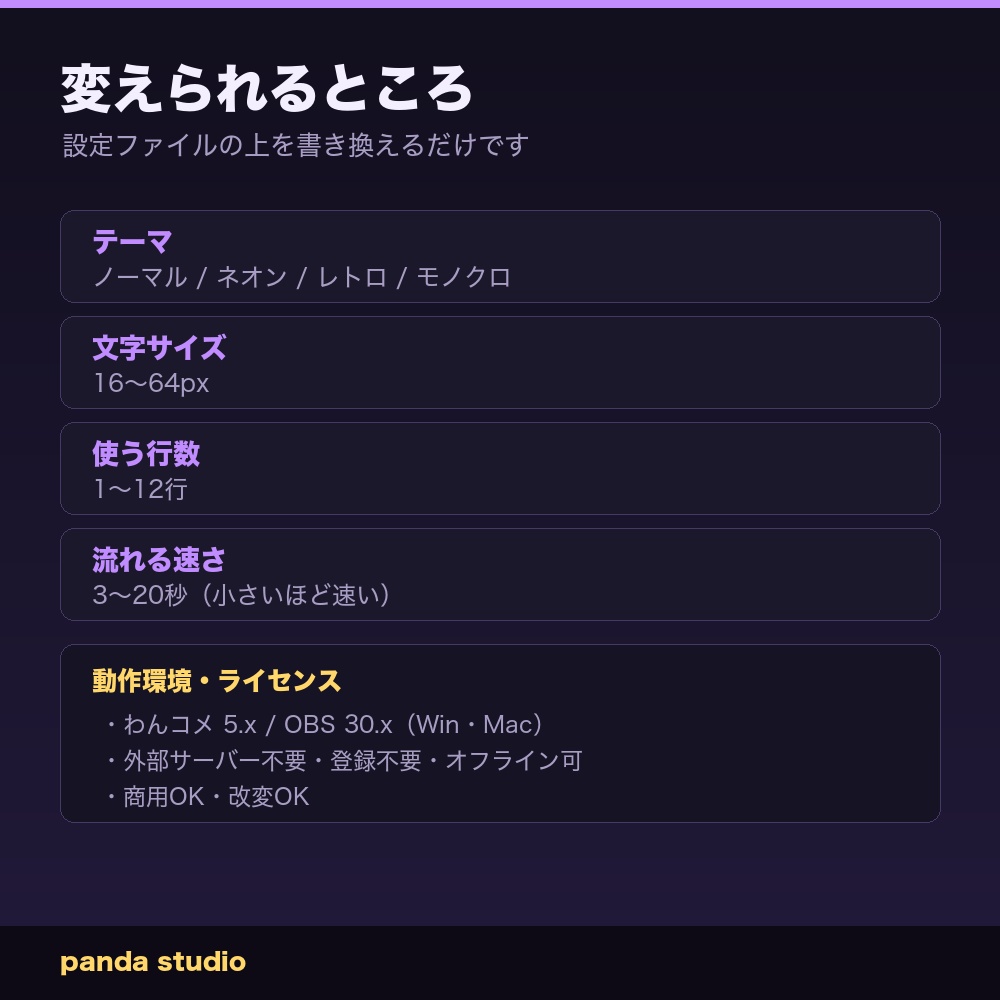 【わんコメ】流れるコメント|画面の上を右から左へ・コメント欄の場所が要らない【OBS・商用可】