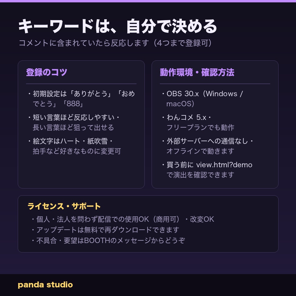 【わんコメ】コメントで演出|「ありがとう」でハート・スパチャで特大エフェクト・合言葉は自由に変更【OBS・商用可】