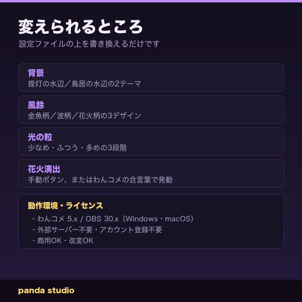 【OBS】夏の縁日アンビエント|提灯の水辺・風鈴のゆれ・花火演出【わんコメ対応・商用可】