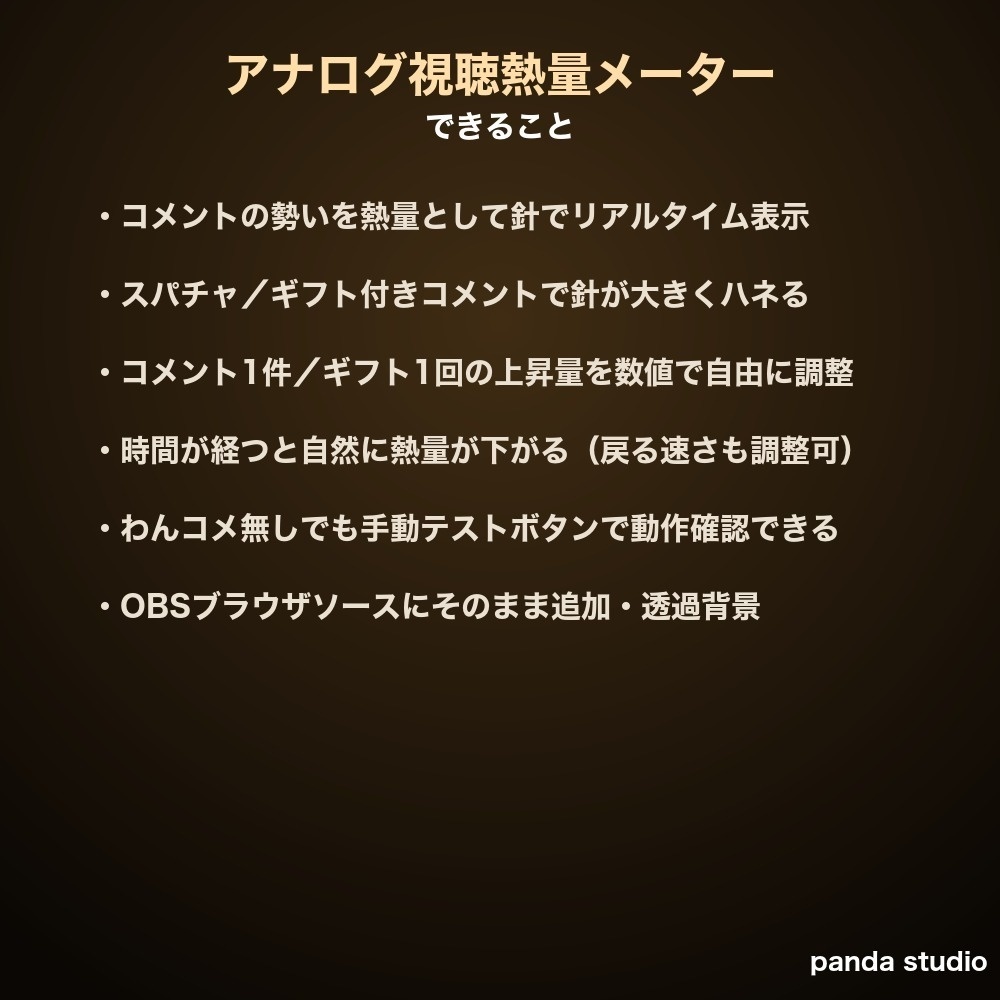 【わんコメ】アナログ視聴熱量メーター 全4色|コメントの盛り上がりを本格計器の針でリアルタイム表示【OBS・商用可】