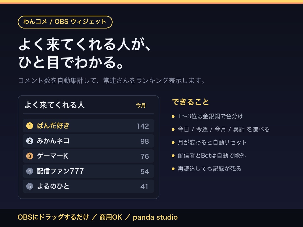 【無料】わんコメ用 常連ランキング お試し版|コメント数で自動集計【OBS対応】