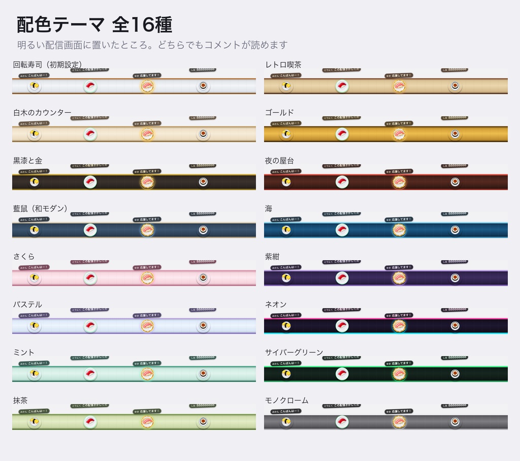【OBSに置くだけ】コメントで回転寿司 全16テーマ×寿司ネタ20種|わんコメ連動・スパチャで大トロが流れる配信ウィジェット【商用可】