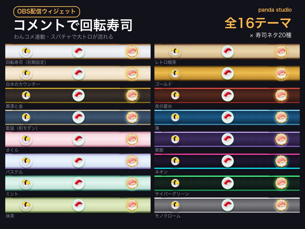 【OBSに置くだけ】コメントで回転寿司 全16テーマ×寿司ネタ20種|わんコメ連動・スパチャで大トロが流れる配信ウィジェット【商用可】