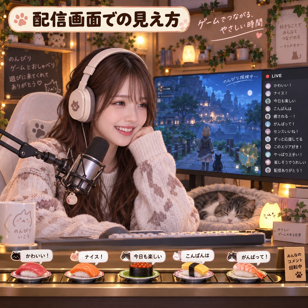 【OBSに置くだけ】コメントで回転寿司 全16テーマ×寿司ネタ20種|わんコメ連動・スパチャで大トロが流れる配信ウィジェット【商用可】
