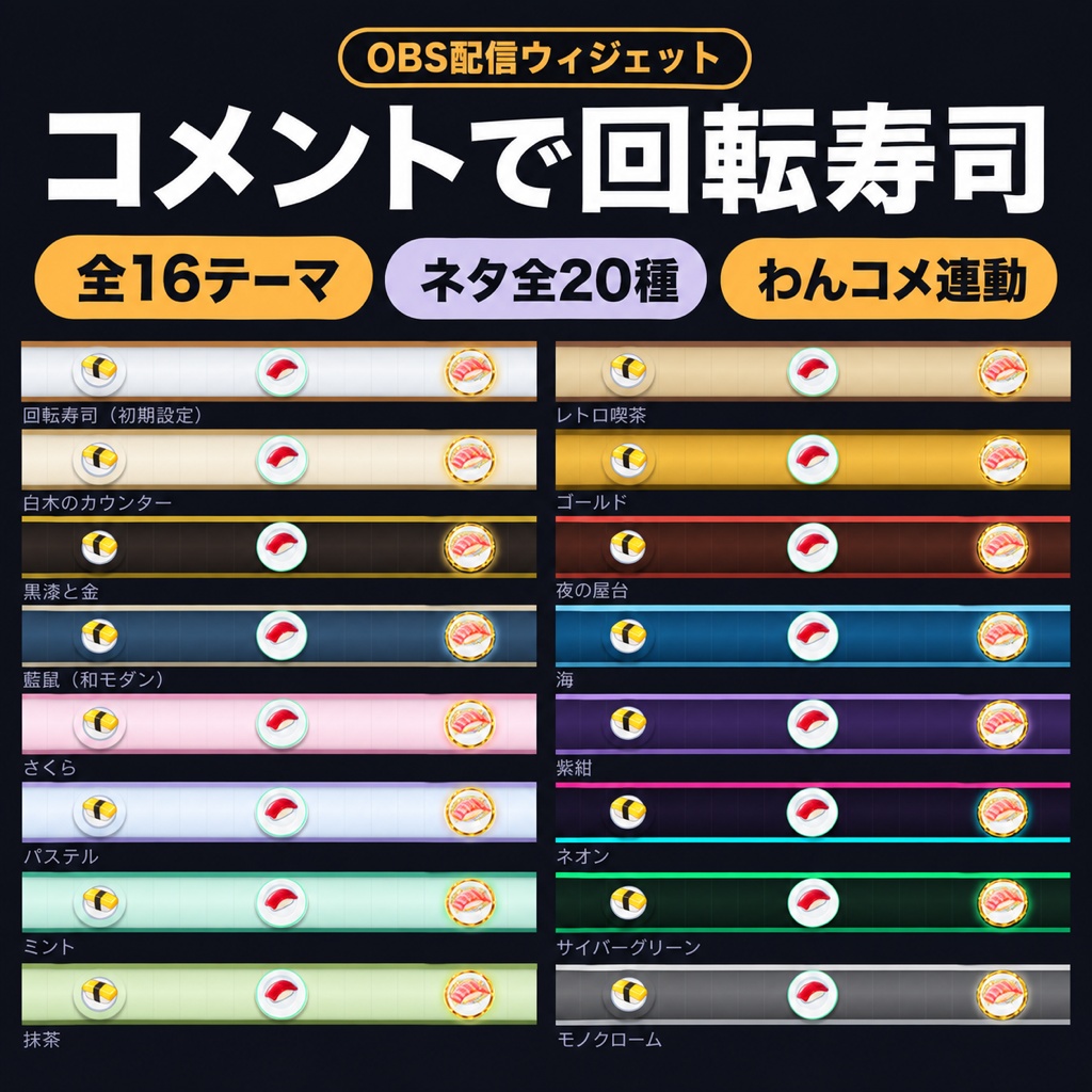 【OBSに置くだけ】コメントで回転寿司 全16テーマ×寿司ネタ20種｜わんコメ連動・スパチャで大トロが流れる配信ウィジェット【商用可】