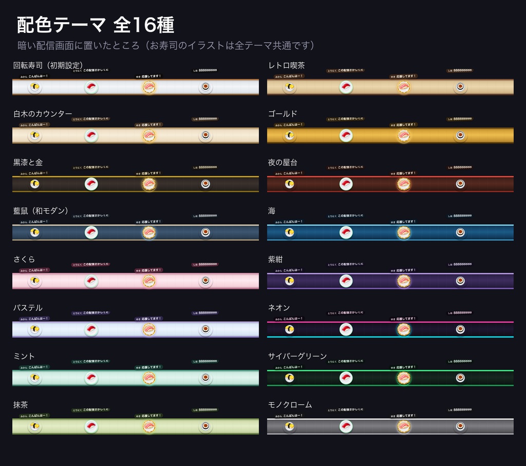 【OBSに置くだけ】コメントで回転寿司 全16テーマ×寿司ネタ20種|わんコメ連動・スパチャで大トロが流れる配信ウィジェット【商用可】