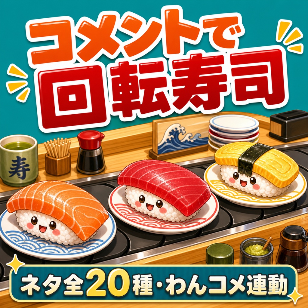 【OBSに置くだけ】コメントで回転寿司 全16テーマ×寿司ネタ20種|わんコメ連動・スパチャで大トロが流れる配信ウィジェット【商用可】