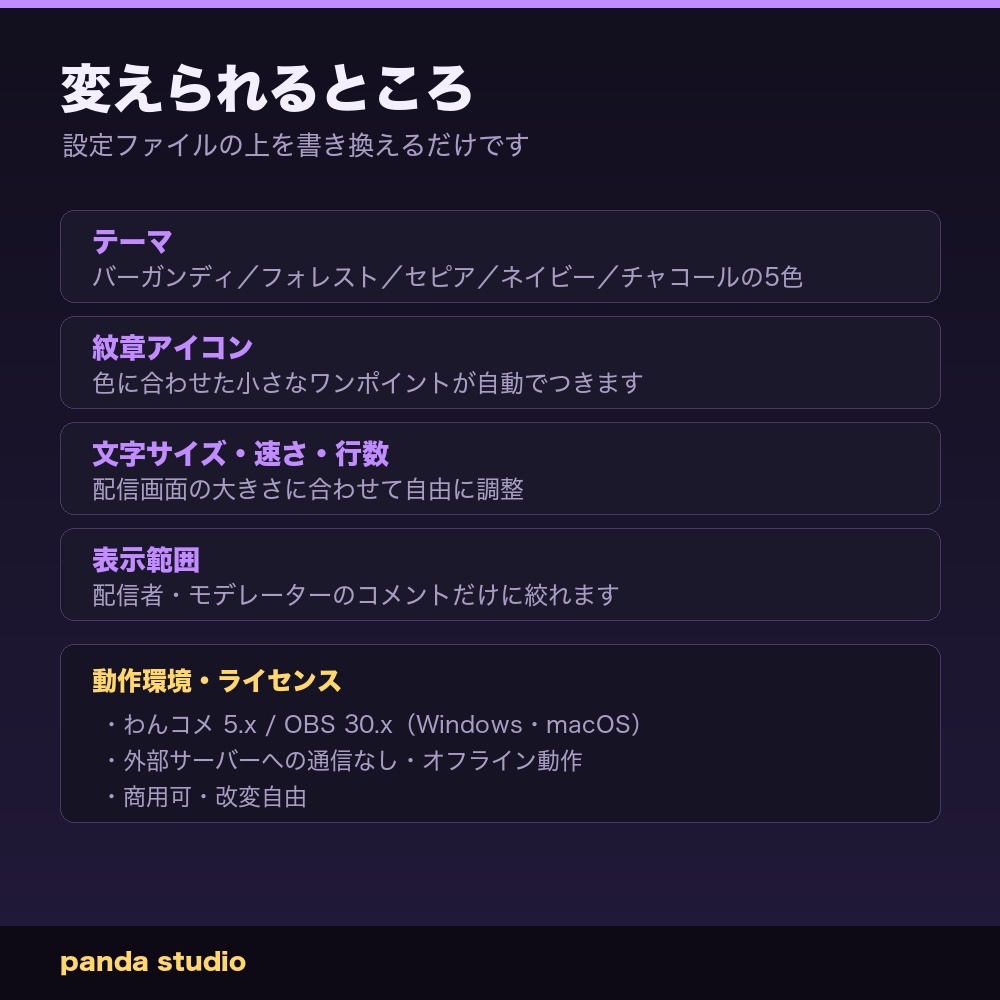 【OBSに置くだけ】ダークアカデミア コメント欄テーマ|わんコメ連動・全5色・季節を問わない配信ウィジェット【商用可】