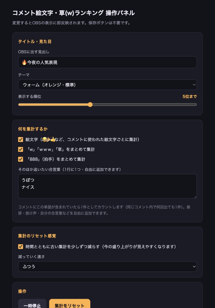 【OBSに置くだけ】コメント絵文字・草(w)ランキング|わんコメ連動でリアルタイム集計【商用可】