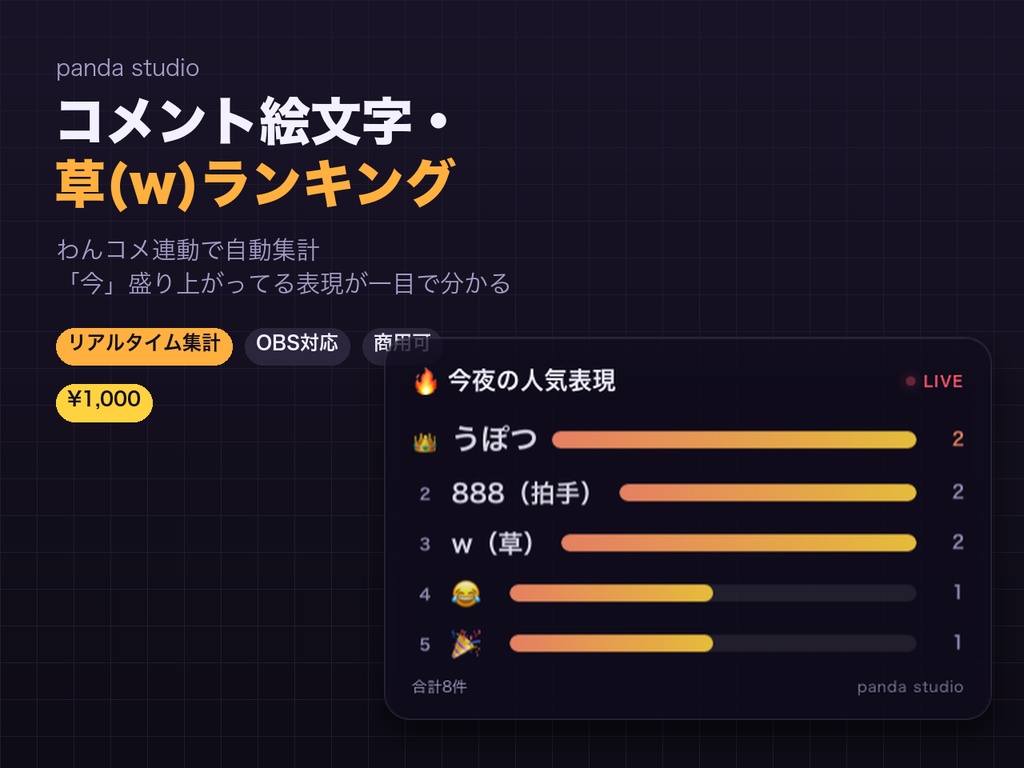 【OBSに置くだけ】コメント絵文字・草(w)ランキング|わんコメ連動でリアルタイム集計【商用可】