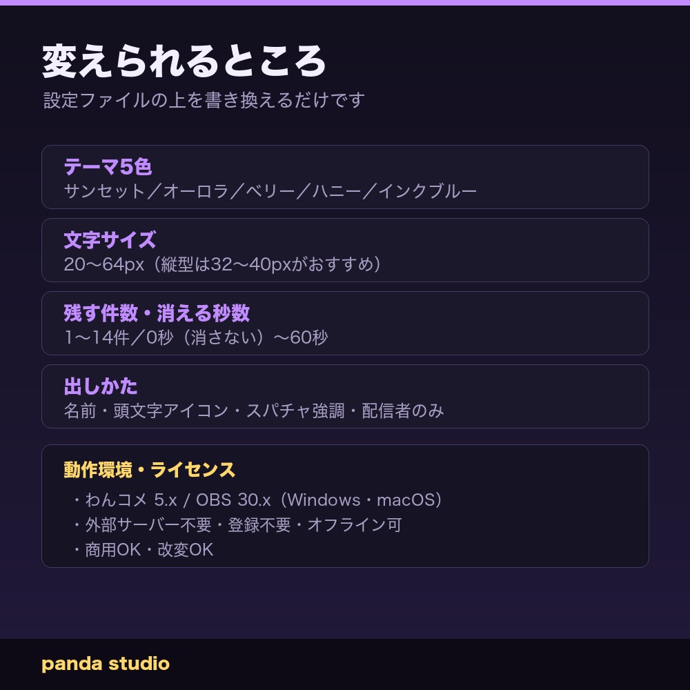 【縦型配信用】縦型コメント欄テーマ 全10色|1080×1920・わんコメ連動・OBSに置くだけ【商用可】