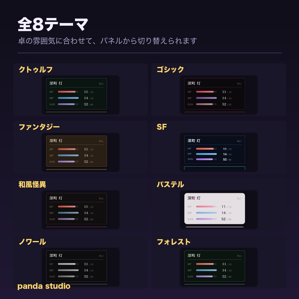 【TRPG配信】探索者ステータス&ダイス演出オーバーレイ|全8テーマ・視聴者もコメントでダイスが振れる【OBS対応】