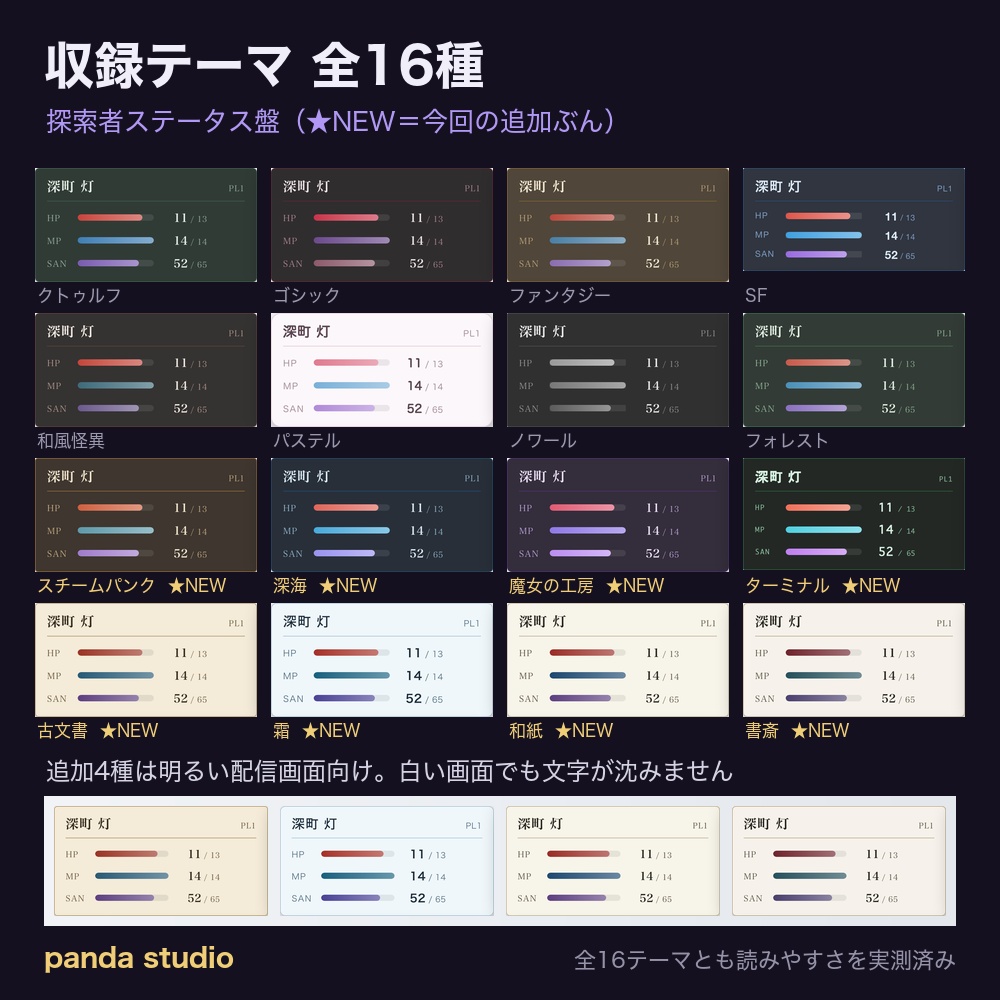 【TRPG配信】クトゥルフ 探索者ステータス&ダイス演出オーバーレイ|HP/MP/SANが動く・全16テーマ・視聴者もコメントでダイスが振れる【OBS】