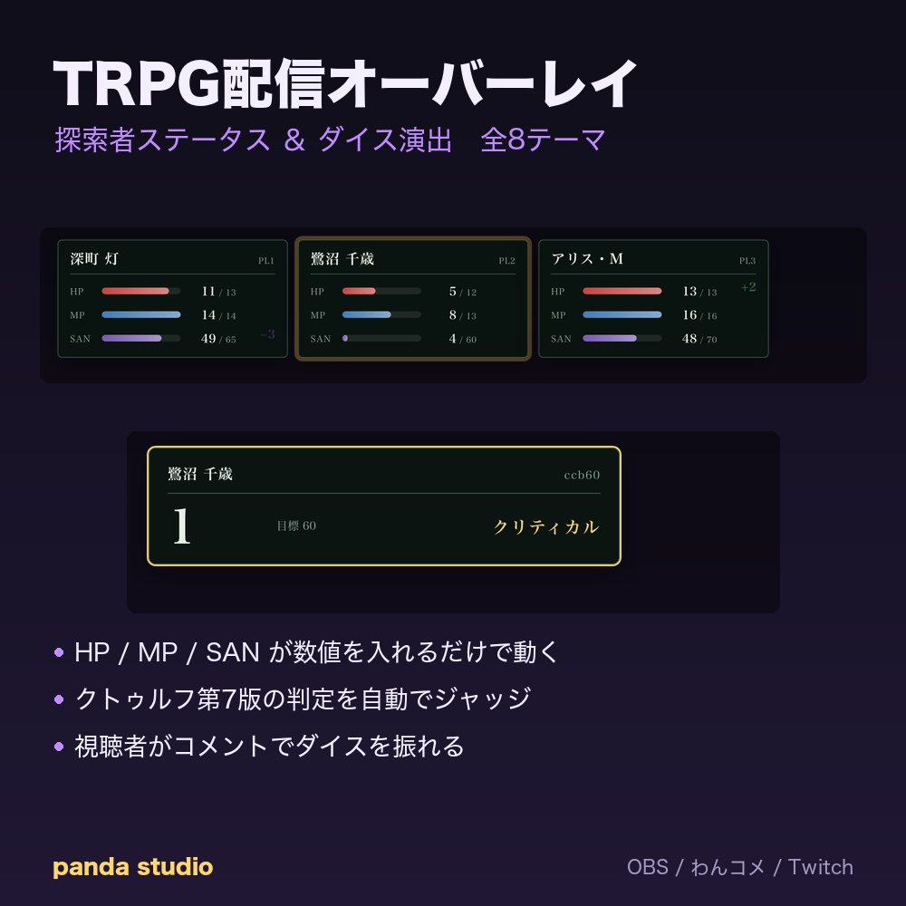 【TRPG配信】探索者ステータス＆ダイス演出オーバーレイ｜全8テーマ・視聴者もコメントでダイスが振れる【OBS対応】