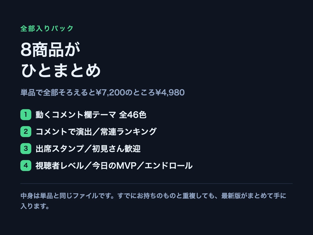 【わんコメ】全部入りパック 8商品セット|動くコメント欄 全46色+演出+常連ランキング+出席スタンプ+初見歓迎+レベル+MVP+エンドロール【OBS・商用可】