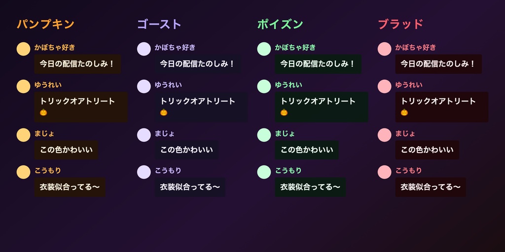 【OBSに置くだけ】ハロウィン コメント欄テーマ 全4色|わんコメ連動・かぼちゃ/ゴースト/ポイズン/ブラッド【商用可】