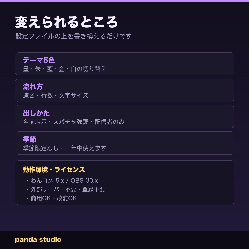 【OBSに置くだけ】和モダン コメント欄テーマ|わんコメ連動・全5色・季節を問わない配信ウィジェット【商用可】