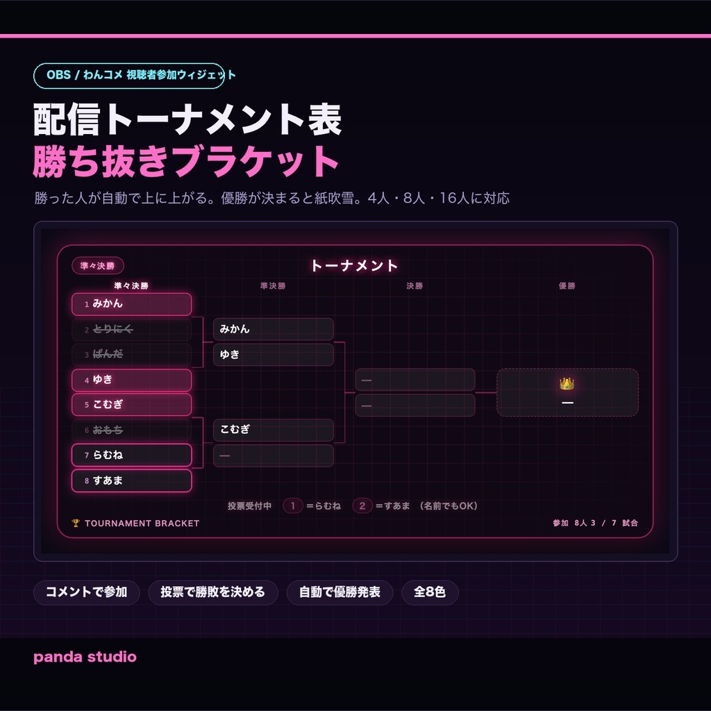 【OBS/わんコメ】配信トーナメント表 勝ち抜きブラケット 全8テーマ|視聴者参加型・コメント投票で勝敗を決められる【商用可】